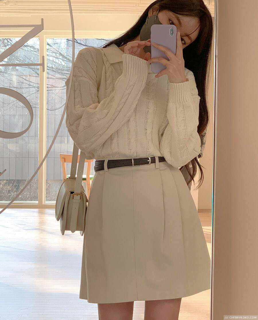 韓國Cherrykoko授權 淡雅休閒100%純棉壓褶短裙