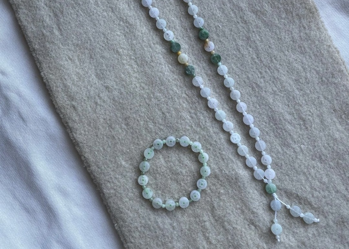 可愛白綠錢幣項鍊手串組