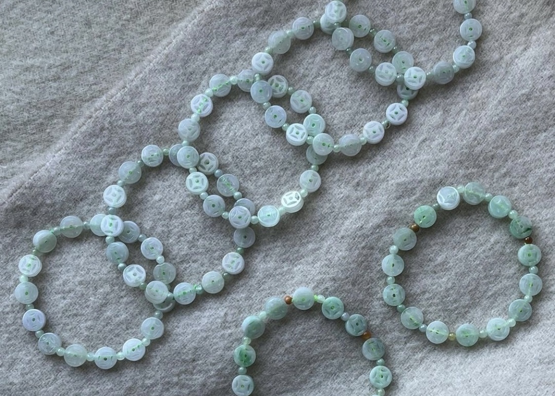 可愛白綠錢幣項鍊手串組