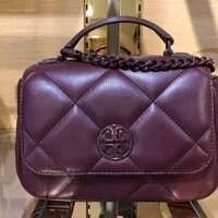 [S] TORY BURCH WILLA SOFT QUILT MINI TOP HANDLE BAG,CLARET, 139287-639 (STB291)