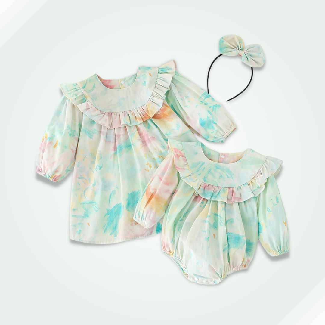 -限量-[ 送髮帶 ] 復古綠青染-春秋長袖純棉包屁衣/洋裝(66-90)