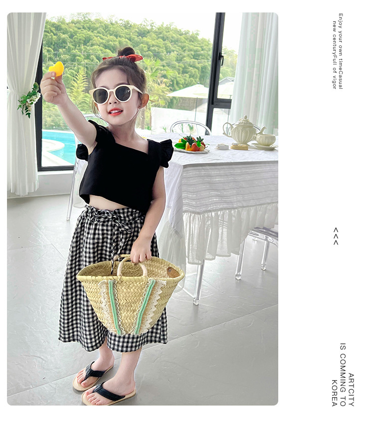 <兩件組> 飛袖露背短版背心+格子七分寬褲