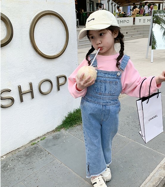 後蝴蝶結側開岔牛仔吊帶褲