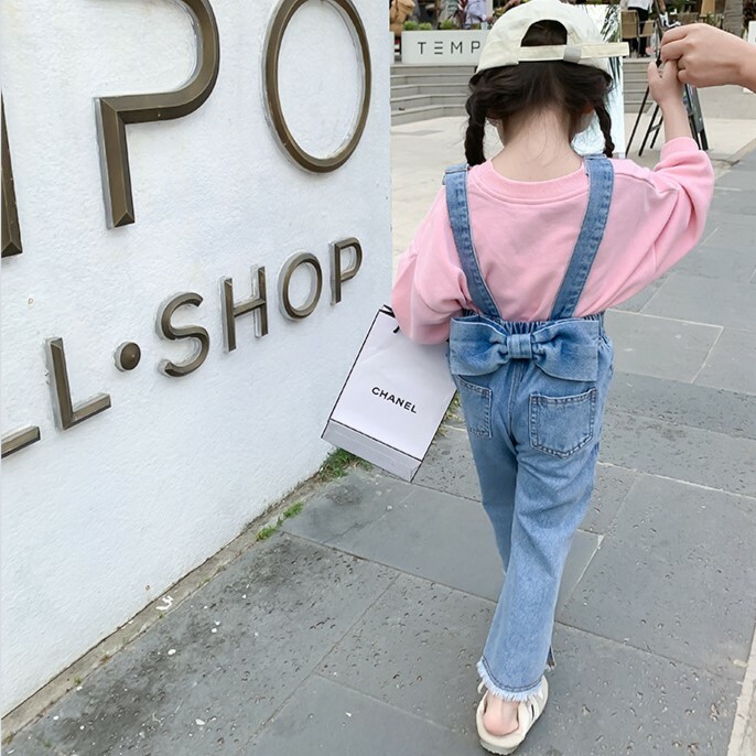 後蝴蝶結側開岔牛仔吊帶褲