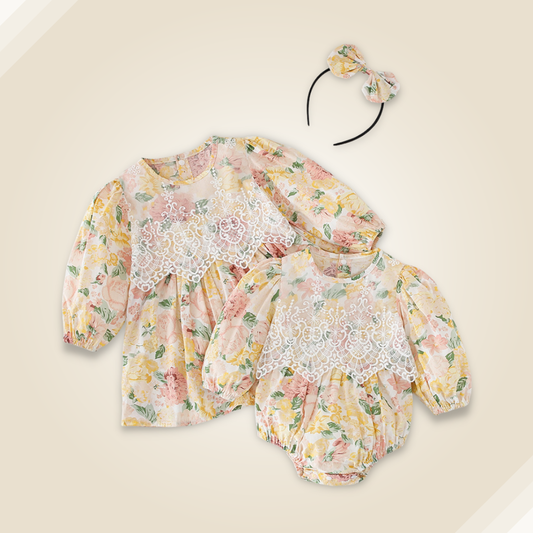 -限量-[ 送髮帶 ] 蕾絲花花-春秋長袖純棉包屁衣/洋裝(66-90)