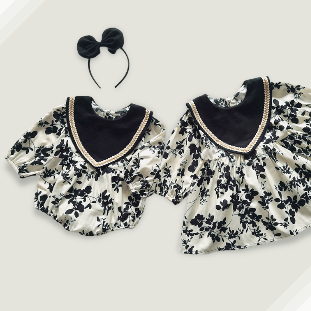 -限量-[ 送髮帶 ] 米黑大V花花-春秋長袖純棉包屁衣/洋裝(66-90)