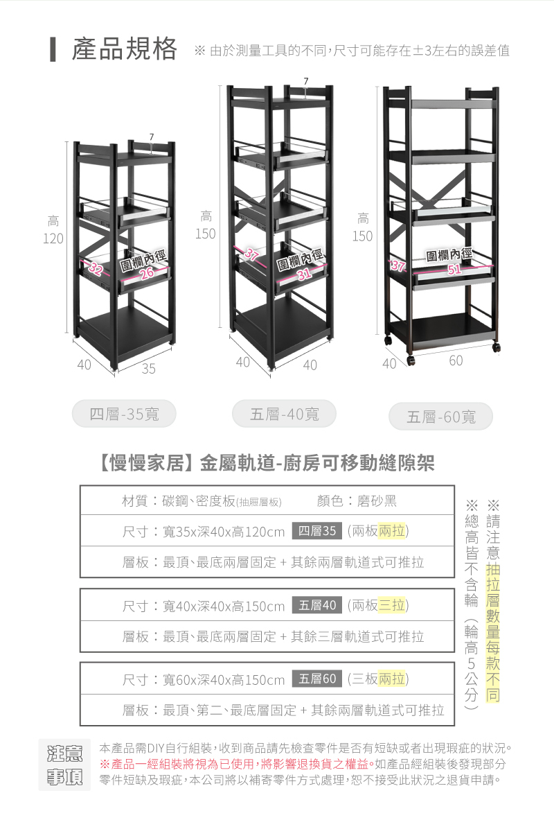 產品規格  由於測量工具的,尺寸可能存在3左右的誤差值12032圍欄26圍欄內徑31 150圍欄內徑51404035404060四-35寬五層-40寬五層-60寬【慢慢家居】金屬軌道-廚房可移動縫隙架材質碳鋼密度板抽屜層板 顏色磨砂黑尺寸寬35x深40x高120cm 四層35(兩板兩拉)層板:最頂、最底兩層固定+其餘兩層軌道式可推拉尺寸:寬40x深40x高150cm 五層40 (兩板三拉)層板:最頂、最底兩層固定+其餘三層軌道式可推拉尺寸:寬60x深40x高150cm 五層60(三板兩拉)層板:最頂、第二、最底層固定+其餘兩層軌道式可推拉高(高5)層不同本產品需DIY自行組裝,收到商品請先檢查零件是否有短缺或者出現瑕疵的狀況。※產品一經組裝將視為已使用,將影響退換貨之權益。如產品經組裝後發現部分 零件短缺及瑕疵,本公司將以補寄零件方式處理,恕不接受此狀況之退貨申請。