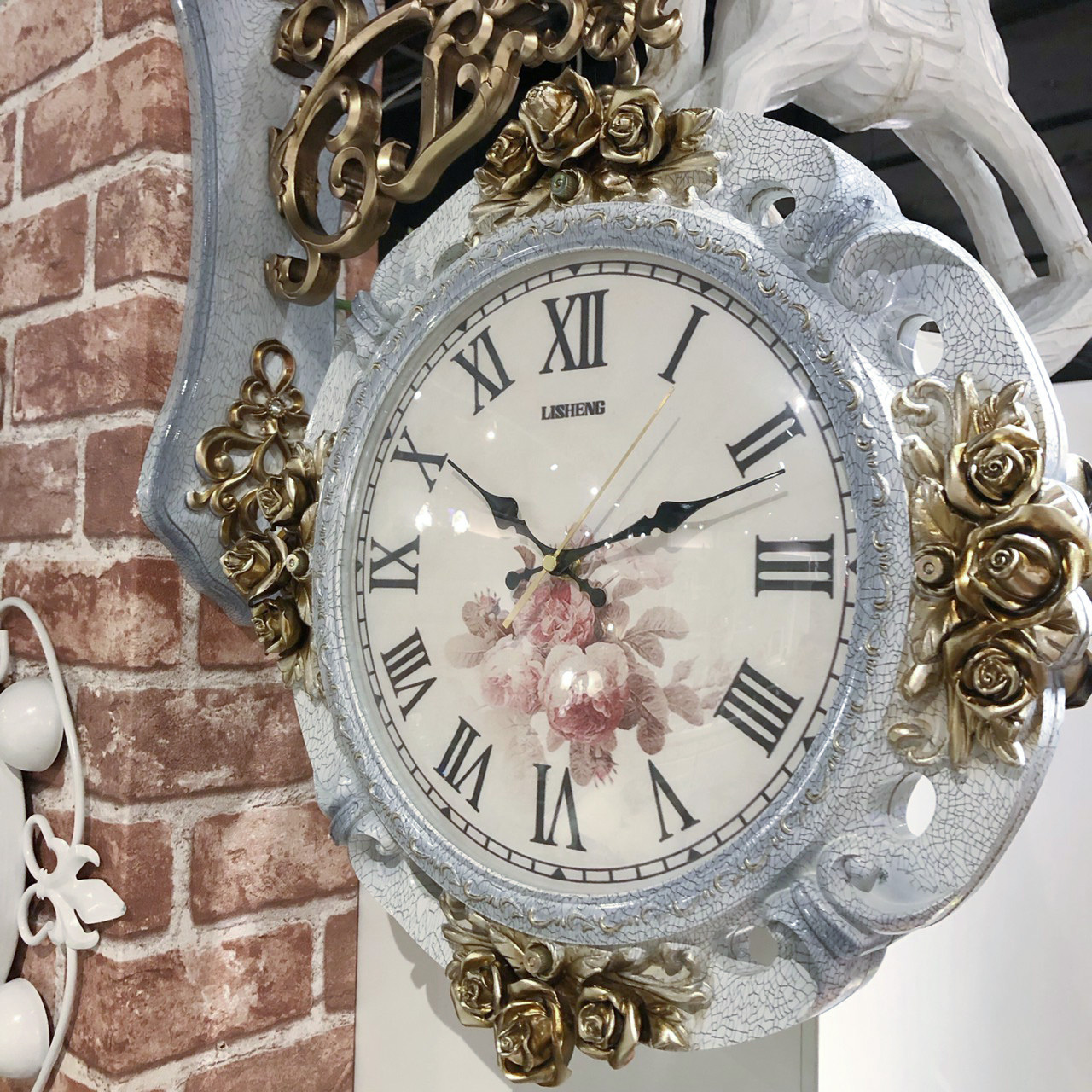 雙面掛鐘-灰白玫瑰