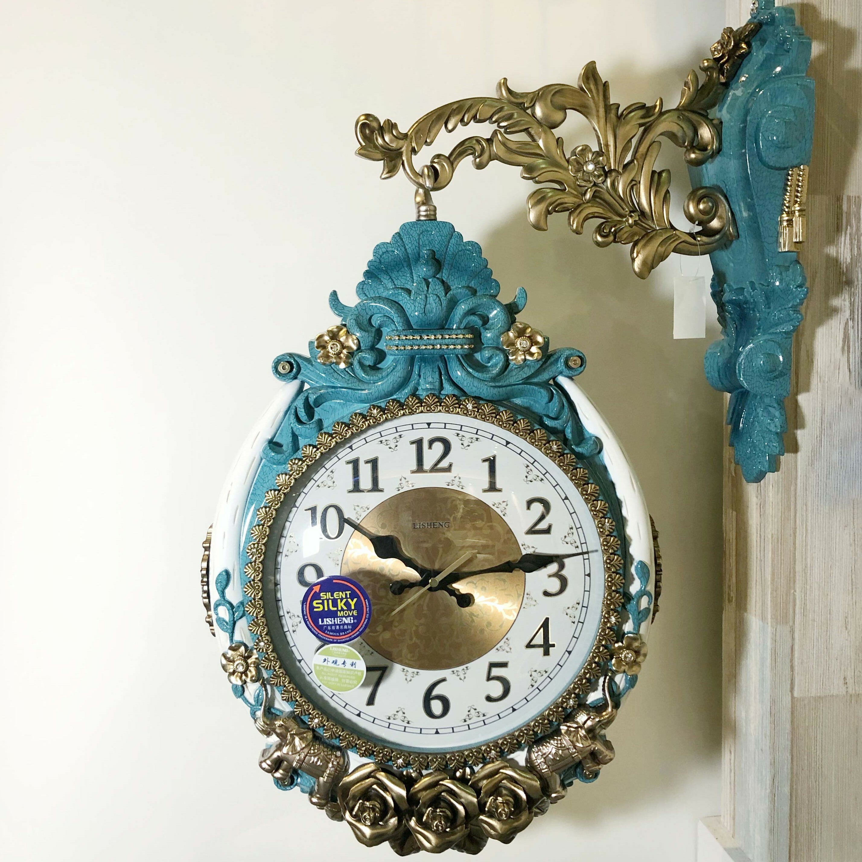 雙面掛鐘-藍白玫瑰