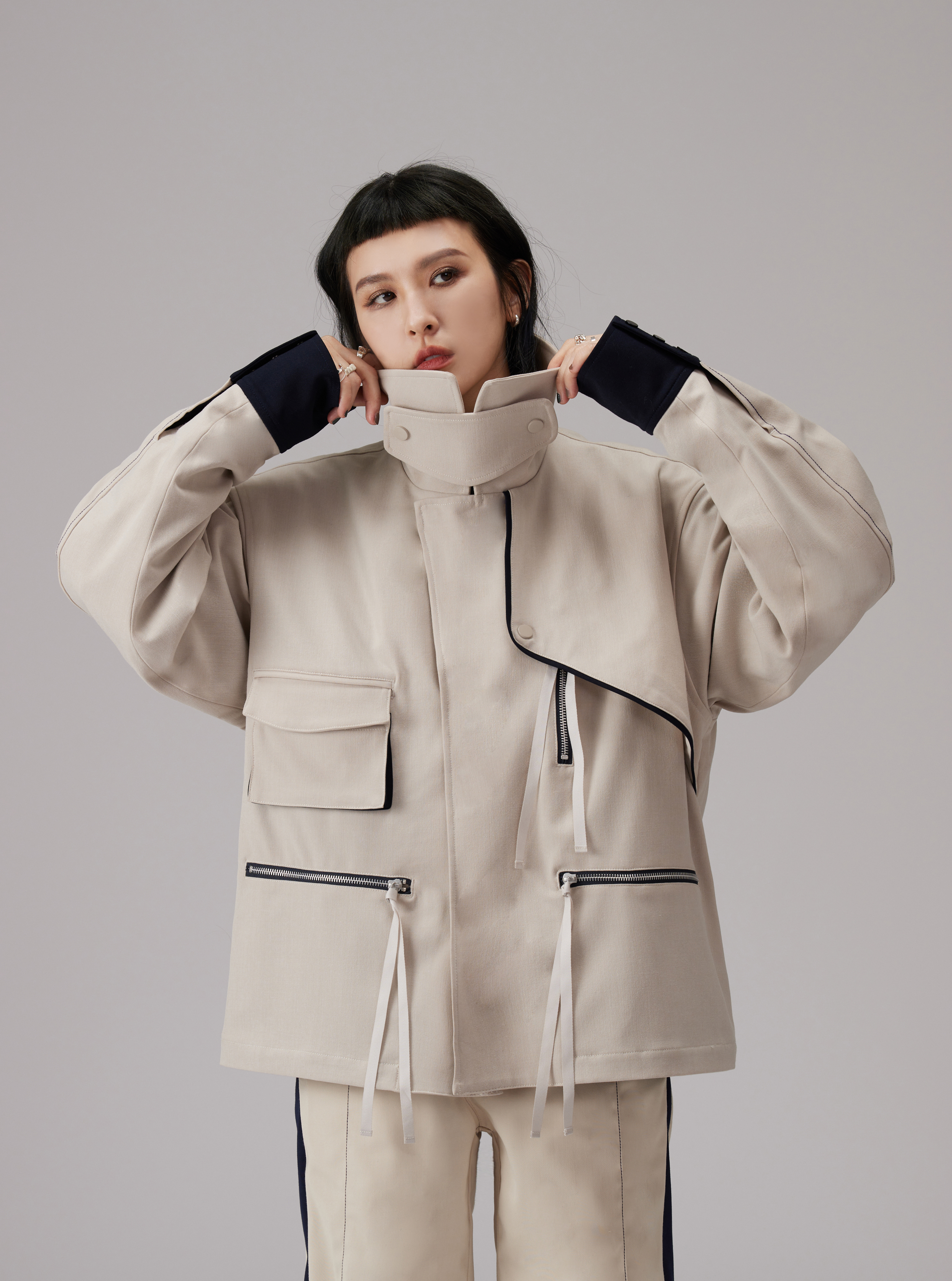 Wide Lapel Biker Jacket | Beige