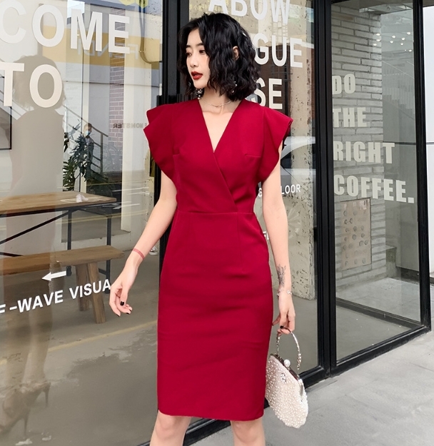 波浪造型袖 絲質洋裝 (黑/紅/白)