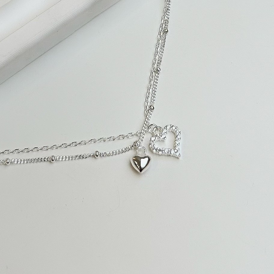 實心．雙層愛心純銀鎖骨鏈