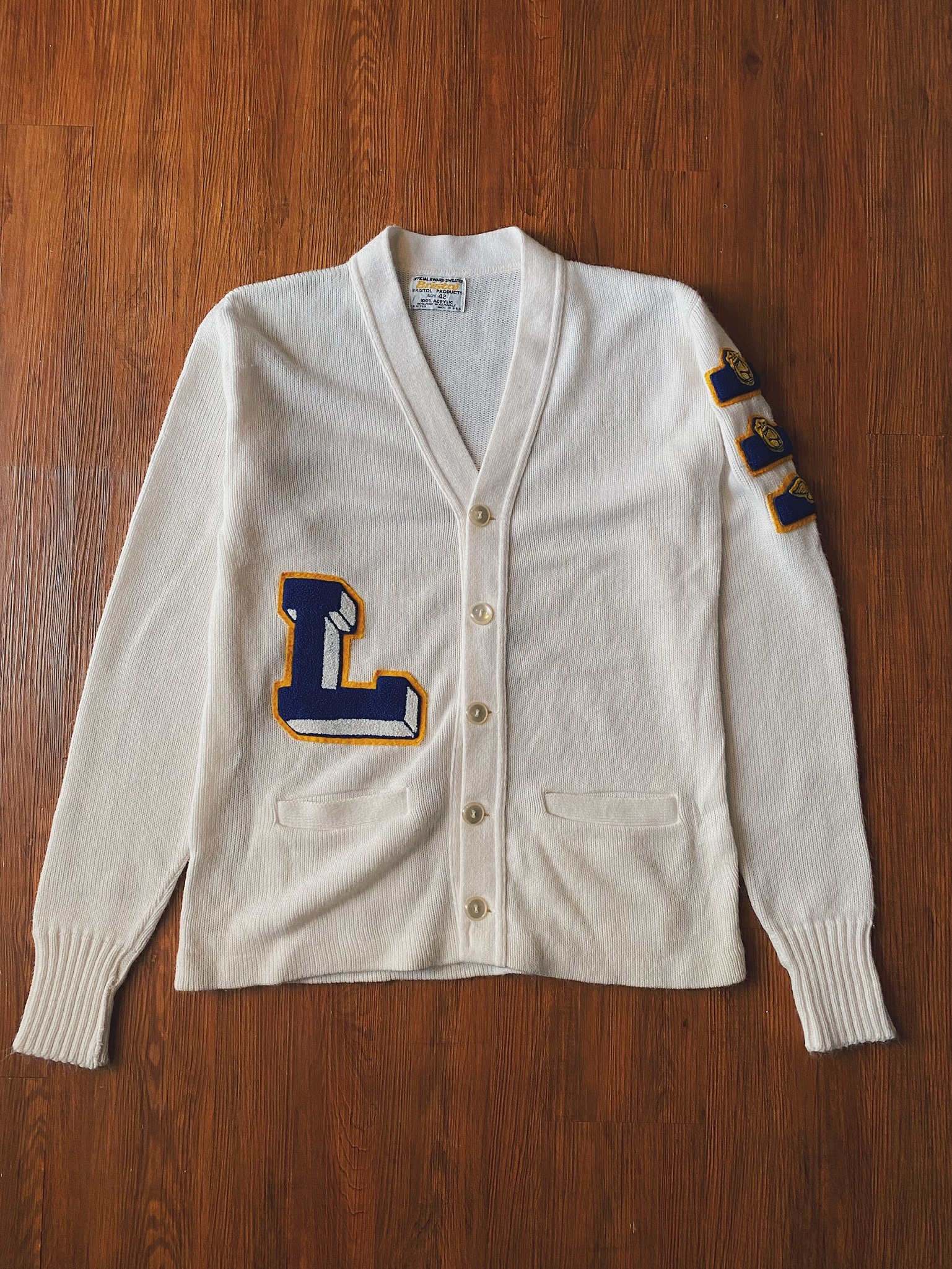 Vintage Letterman sweater / 古著常春藤學院風開襟毛衣-白色經典L