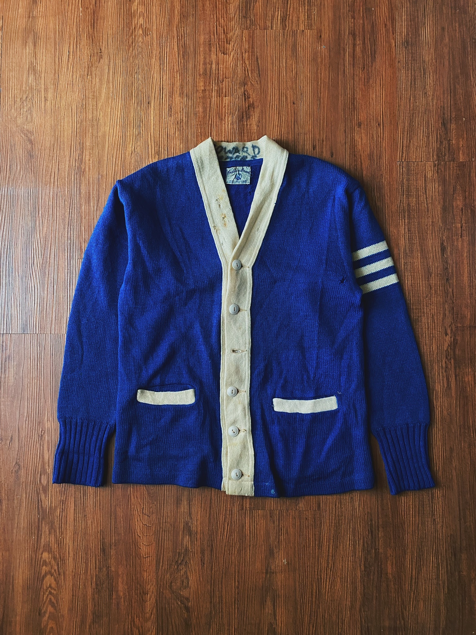 Vintage Letterman sweater / 古著常春藤學院風開襟毛衣-寶藍