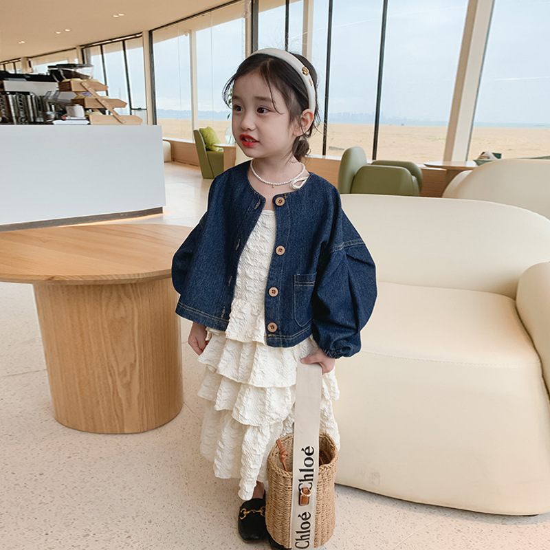 現貨 外套90cm 牛仔澎袖外套 & 細肩帶蛋糕裙洋裝