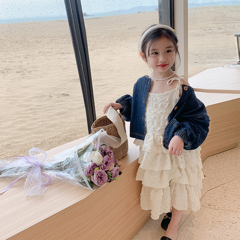 現貨 外套90cm 牛仔澎袖外套 & 細肩帶蛋糕裙洋裝