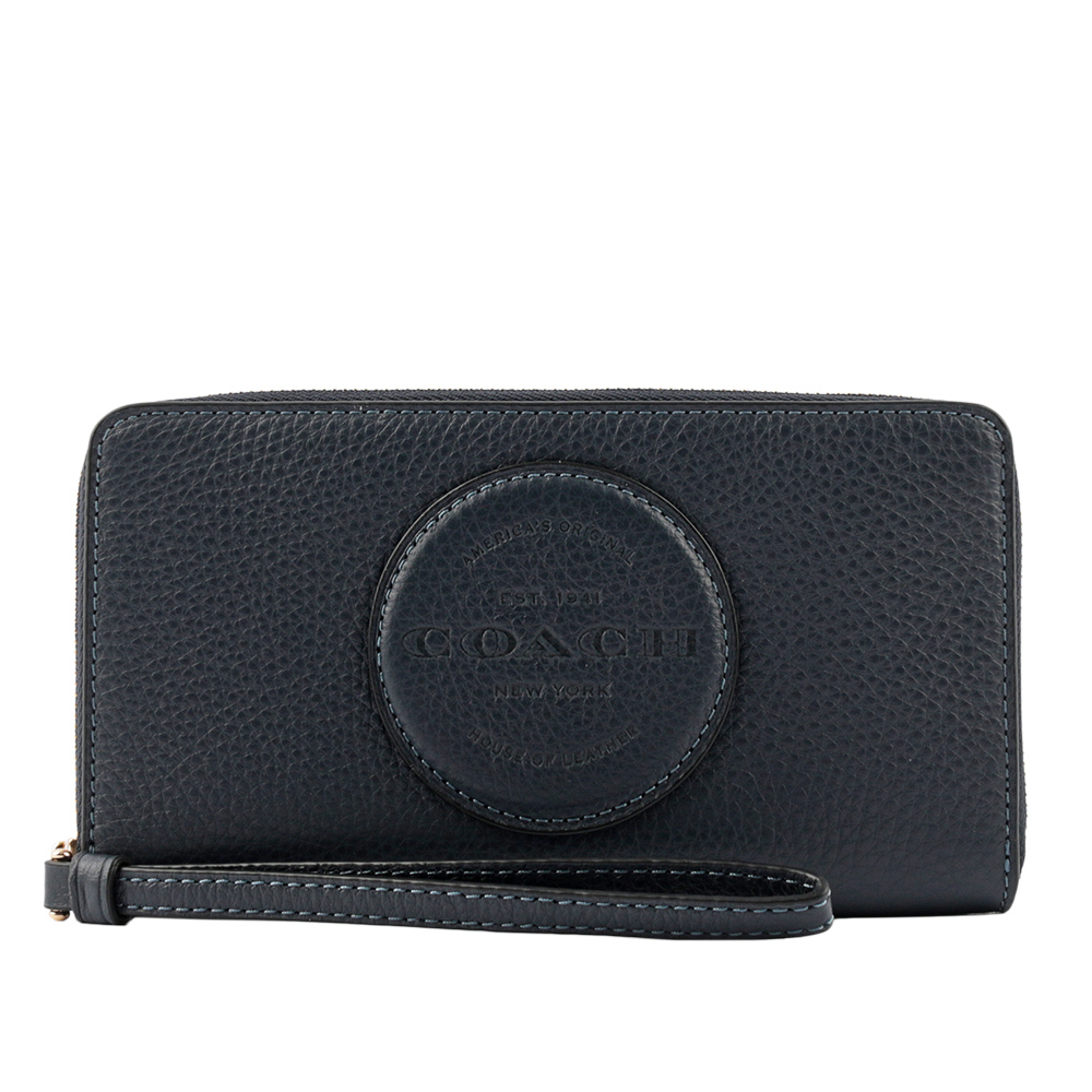 【COACH】Dempsey 圓形標誌荔枝皮革附提把手機長夾(午夜藍)