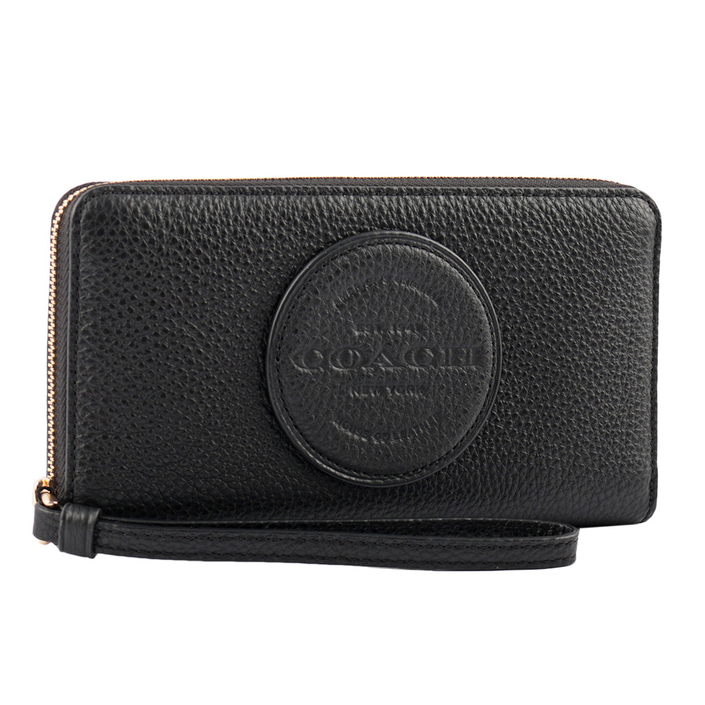 【COACH】Dempsey 圓形標誌荔枝皮革附提把手機長夾(黑色)