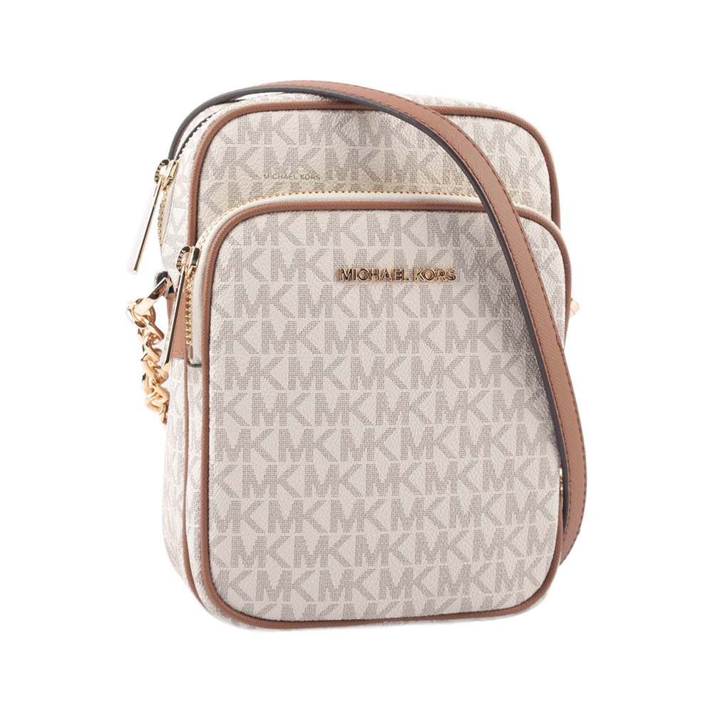 【Michael Kors】金字滿版塗層帆布拉鍊中款直式斜背包(香草色)