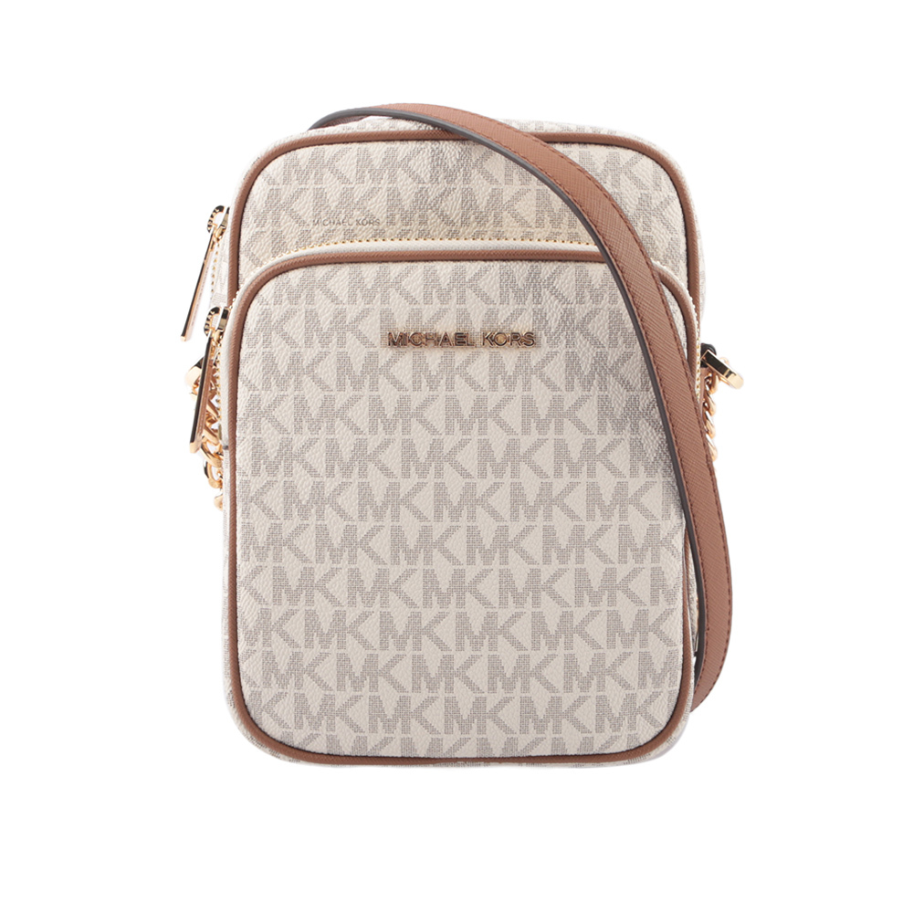 【Michael Kors】金字滿版塗層帆布拉鍊中款直式斜背包(香草色)