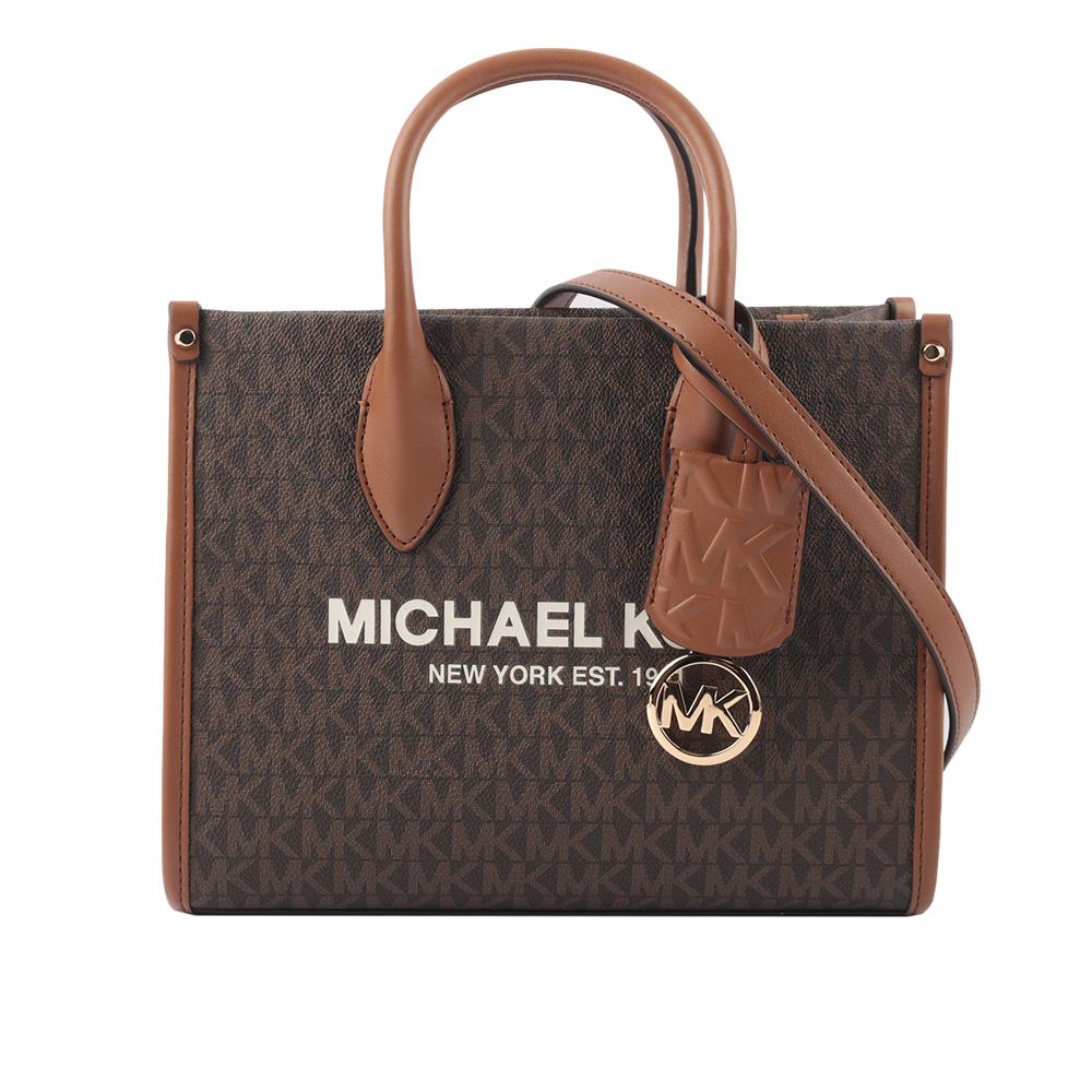 【MICHAEL KORS】Mirella 滿版塗層帆布小款二用托特包(咖啡色)