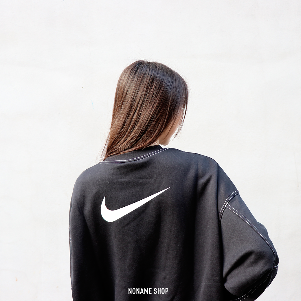 NIKE NSW Swoosh 雙勾 寬版 車縫線 大學T 黑 (女款)