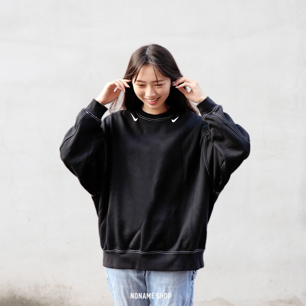 NIKE NSW Swoosh 雙勾 寬版 車縫線 大學T 黑 (女款)