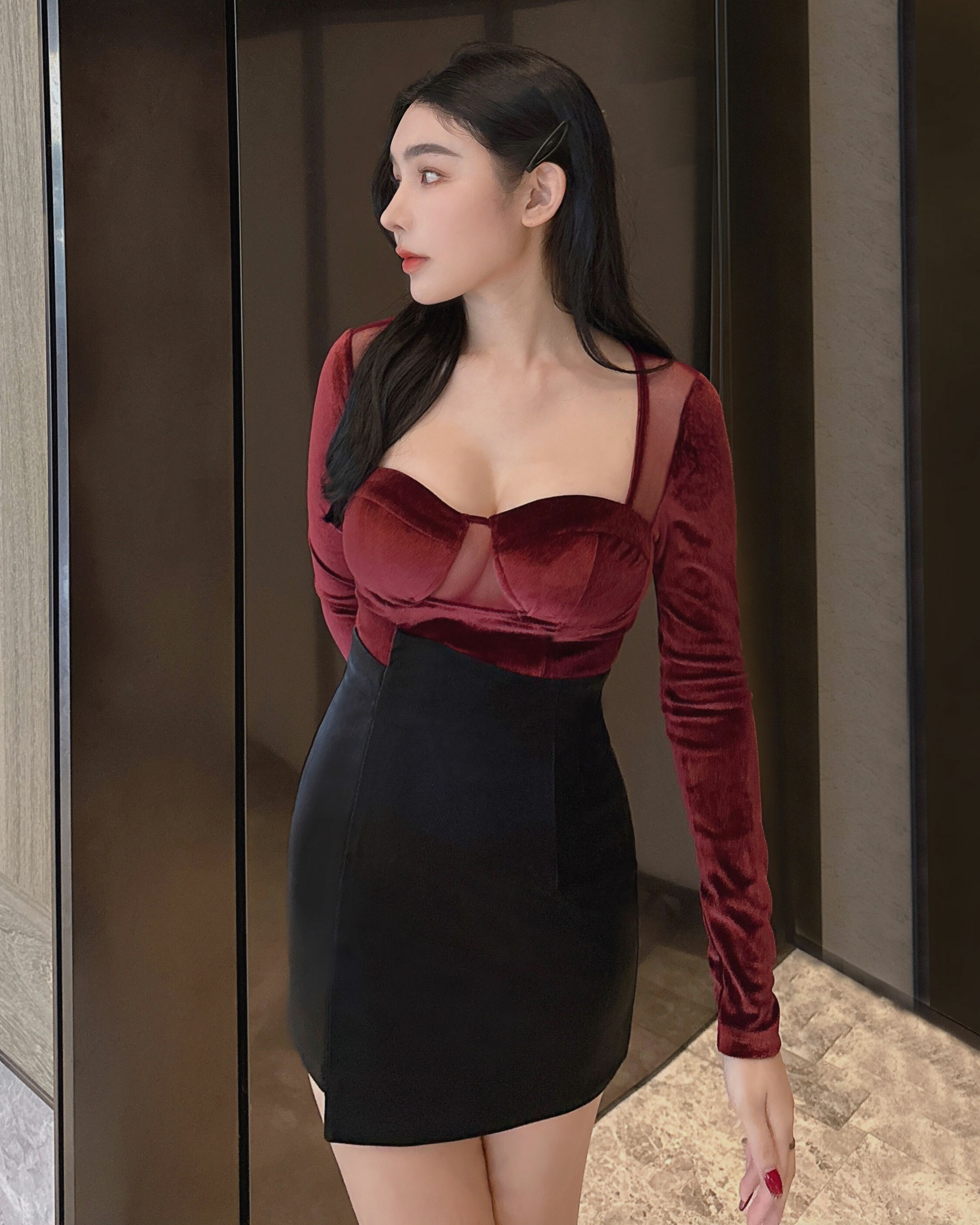 ⭒訂製-天鵝絨拼接網紗馬甲上衣