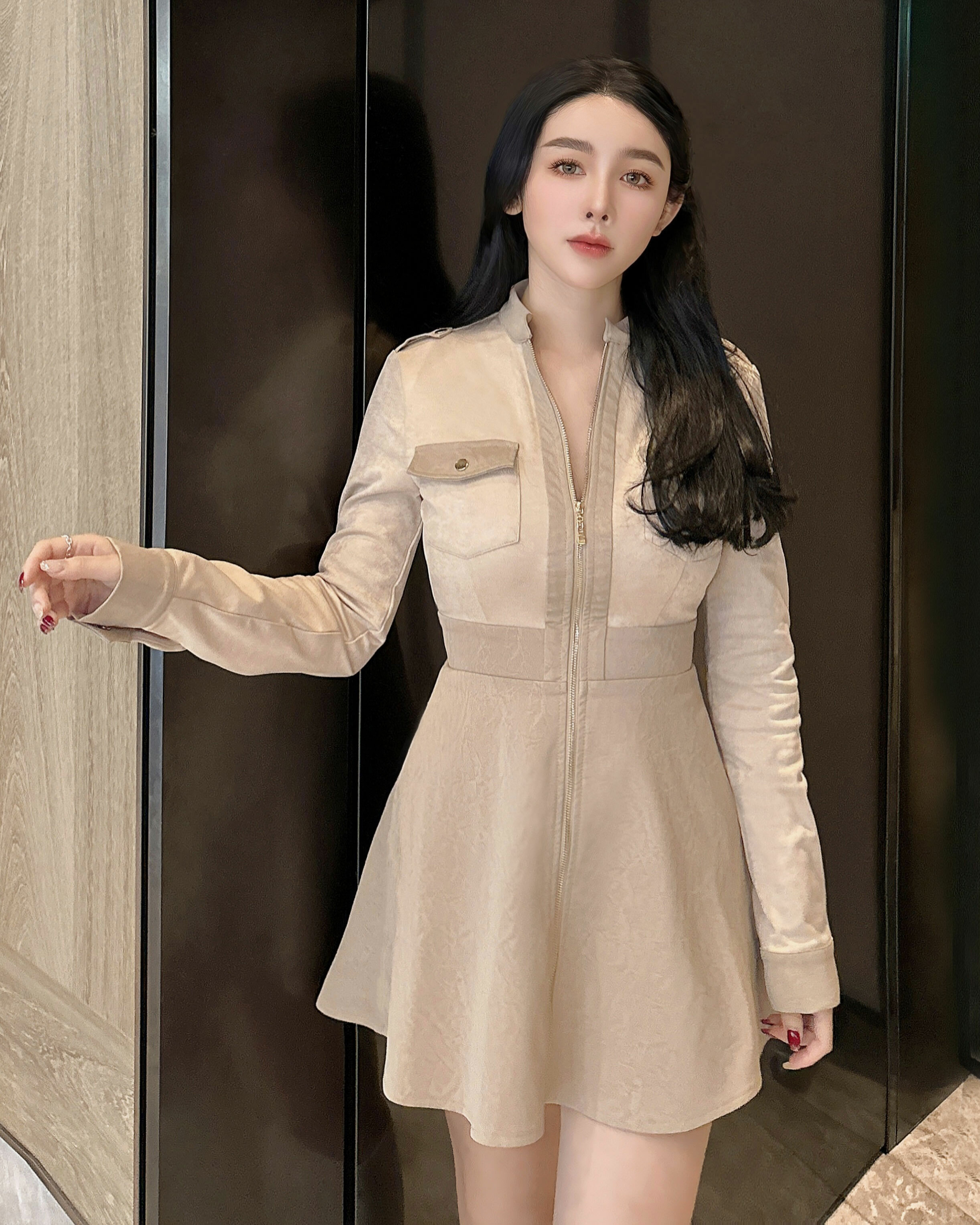 ⭒訂製-立領拼接皮革拉鍊傘洋