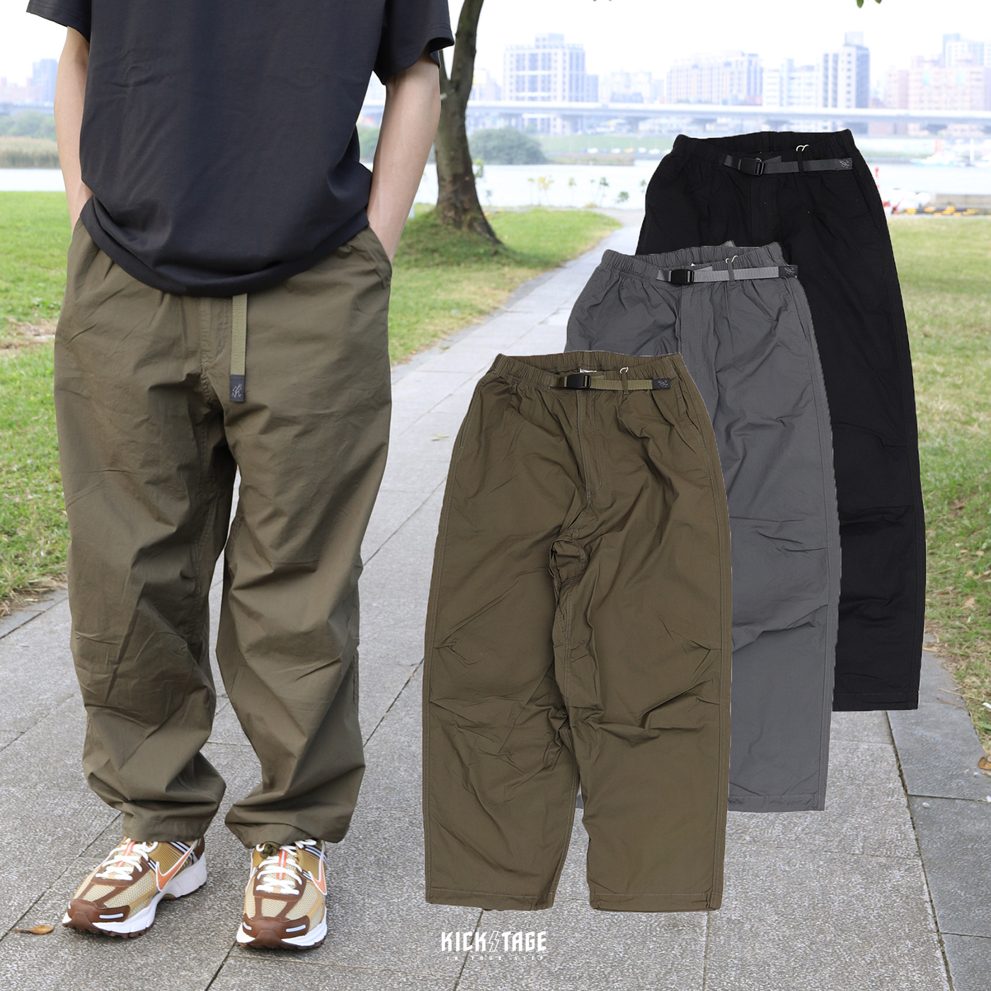 **特價商品售出不退換**男款 GRAMICCI SUM PANTS 黑色 炭灰色 橄欖綠 跑步人 鬆緊 腰帶 抓皺設計 褲管抽繩 工裝 寬版 寬褲【GMP3-STW01】