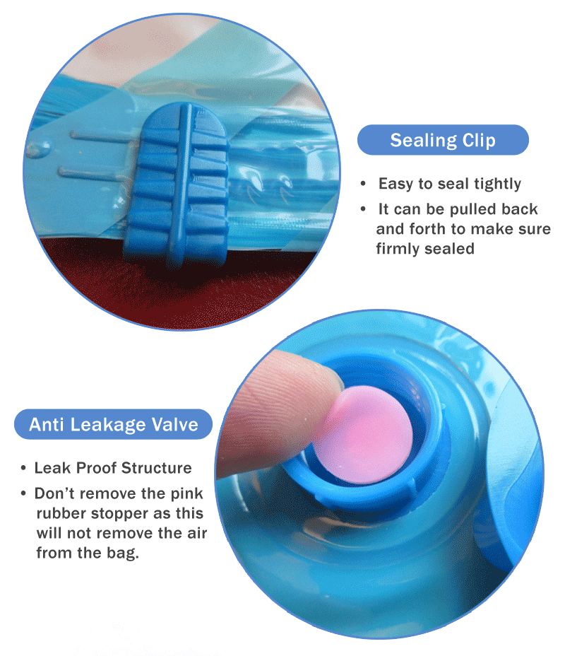 vacuum bag details - sealing clip attached, anti leakage valve
