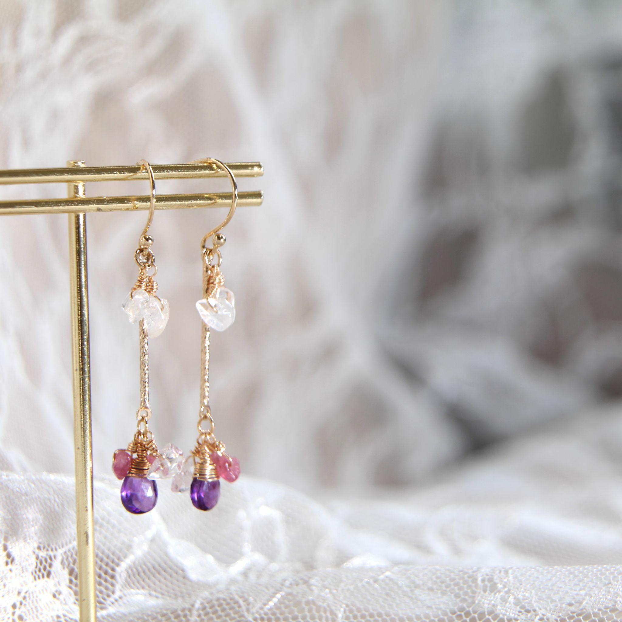 RABBIT BOUQUET天然石手作水晶耳環-粉紅碧璽+紫水晶+白水晶