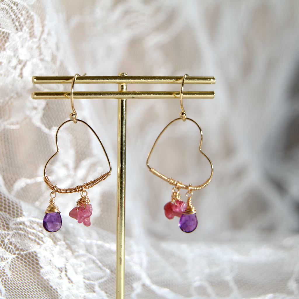 RABBIT BOUQUET天然石手作水晶耳環-Pink Tourmaline+Amethyst 粉紅碧璽+紫水晶