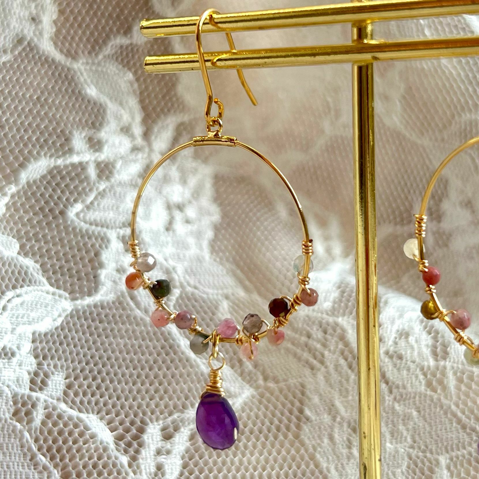 RABBIT BOUQUET天然石手作水晶耳環-Pink Tourmaline+Amethyst 粉紅碧璽+紫水晶