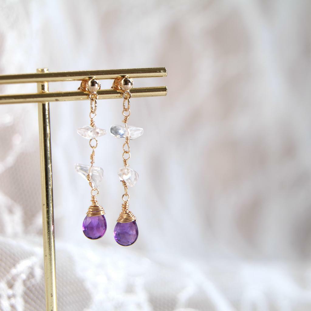 RABBIT BOUQUET天然石手作水晶耳環-紫水晶+白水晶