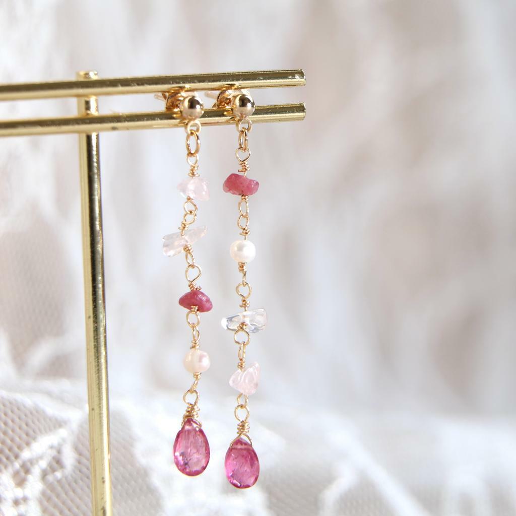 RABBIT BOUQUET天然石手作水晶耳環-粉紅碧璽+紫水晶+粉晶+白水晶