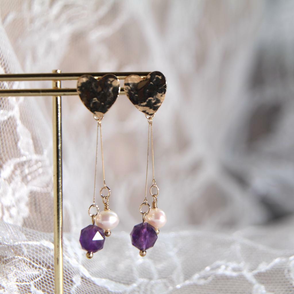 RABBIT BOUQUET天然石手作水晶耳環-紫水晶+淡水珍珠