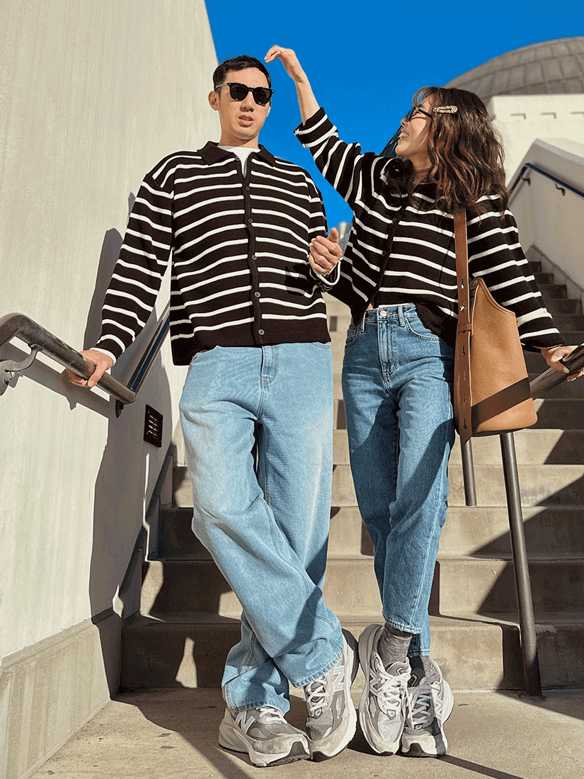 [現貨] (情侶)排釦條紋針織外套 [ 2色 / Free ]