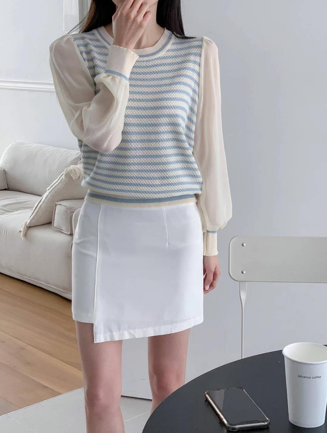 薄線料橫條小華麗上衣(13005)