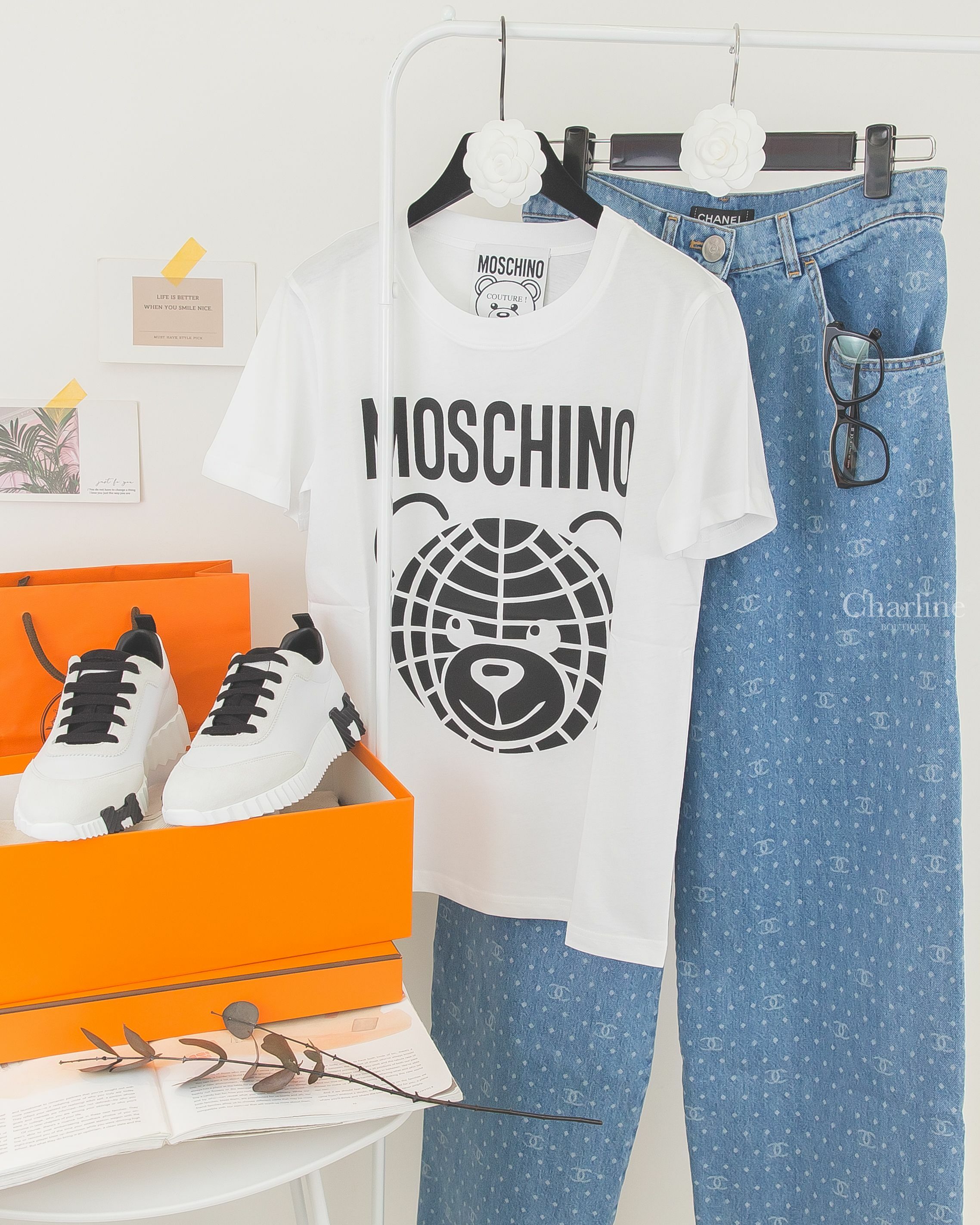 Chanel Glasses 黑色拼裸底黑字邊框側邊銀CC平光眼鏡,Hermès Bouncing Sneaker 白色山羊皮拼麂皮黑色H運動鞋-Charline Boutique 精品代購