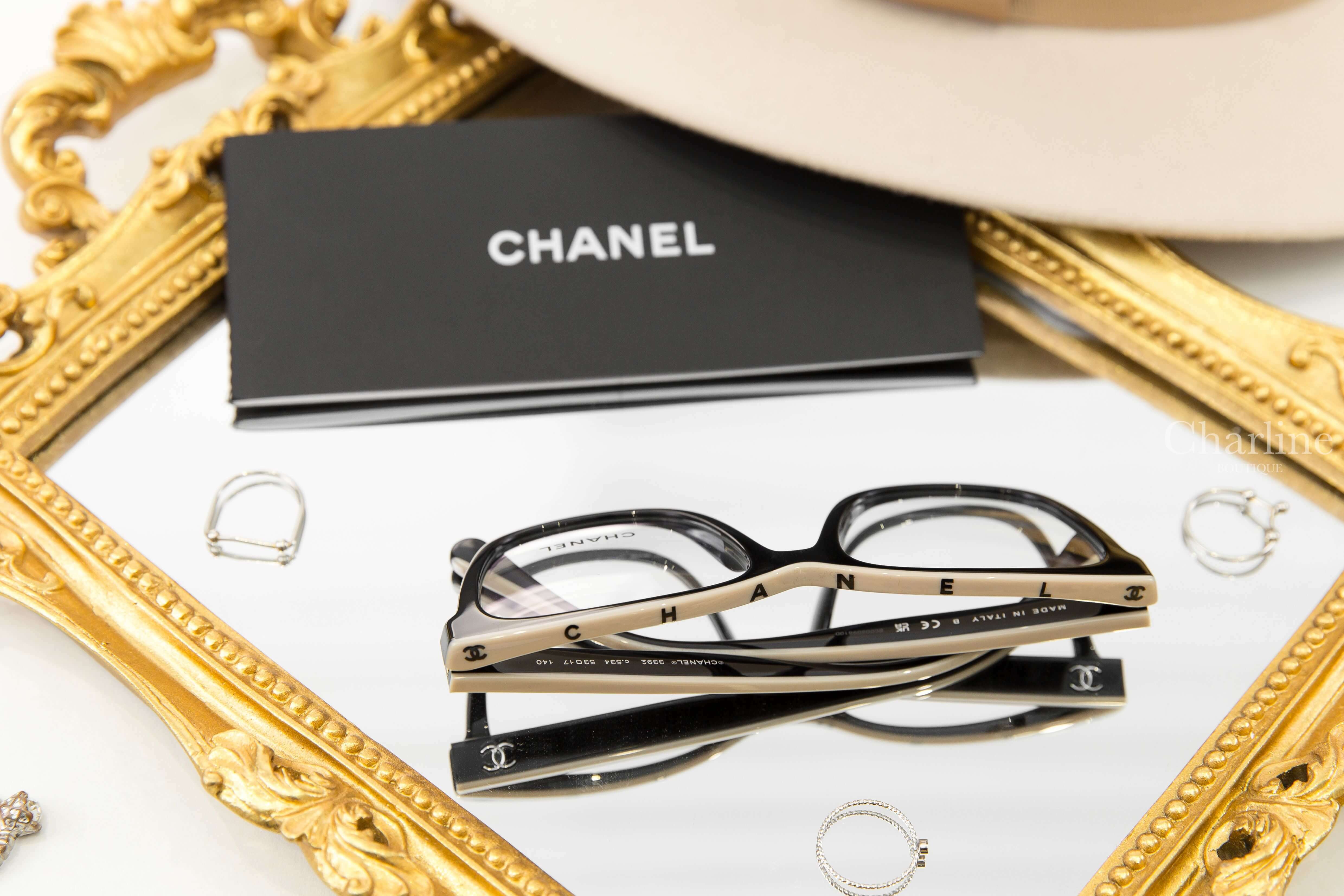 Chanel Glasses 黑色拼裸底黑字邊框側邊銀CC平光眼鏡-Charline Boutique 精品代購