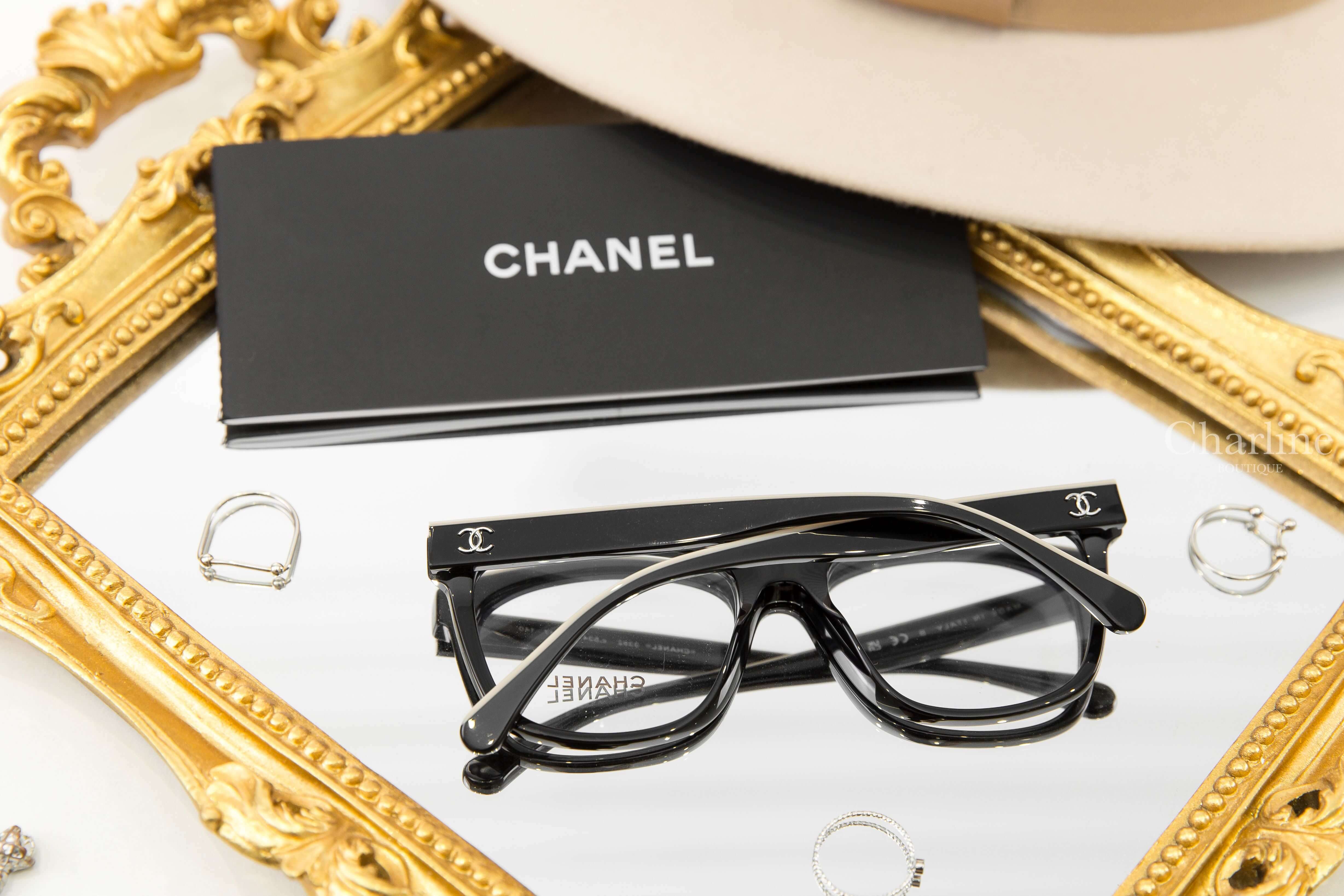 Chanel Glasses 黑色拼裸底黑字邊框側邊銀CC平光眼鏡-Charline Boutique 精品代購