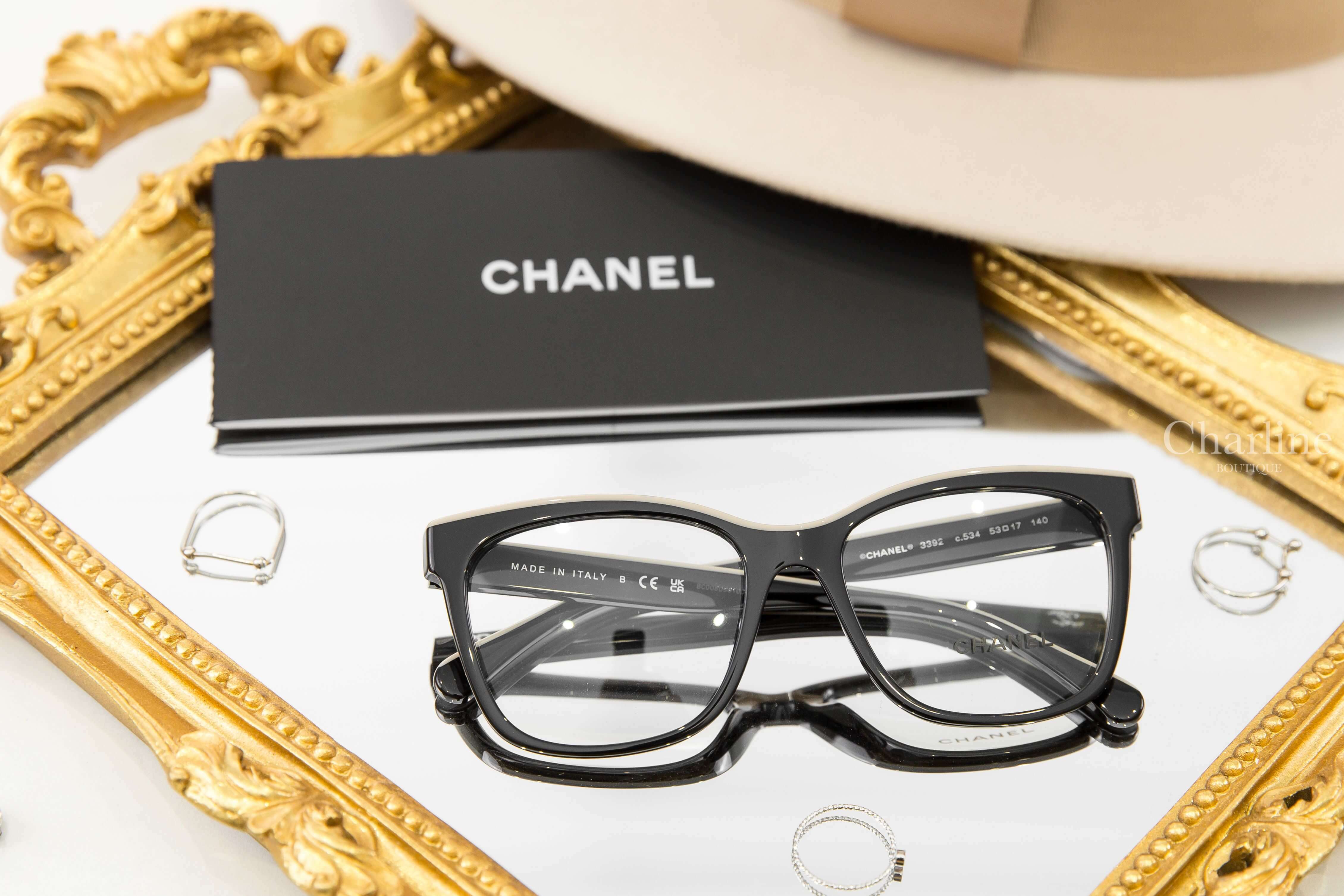 Chanel Glasses 黑色拼裸底黑字邊框側邊銀CC平光眼鏡-Charline Boutique 精品代購