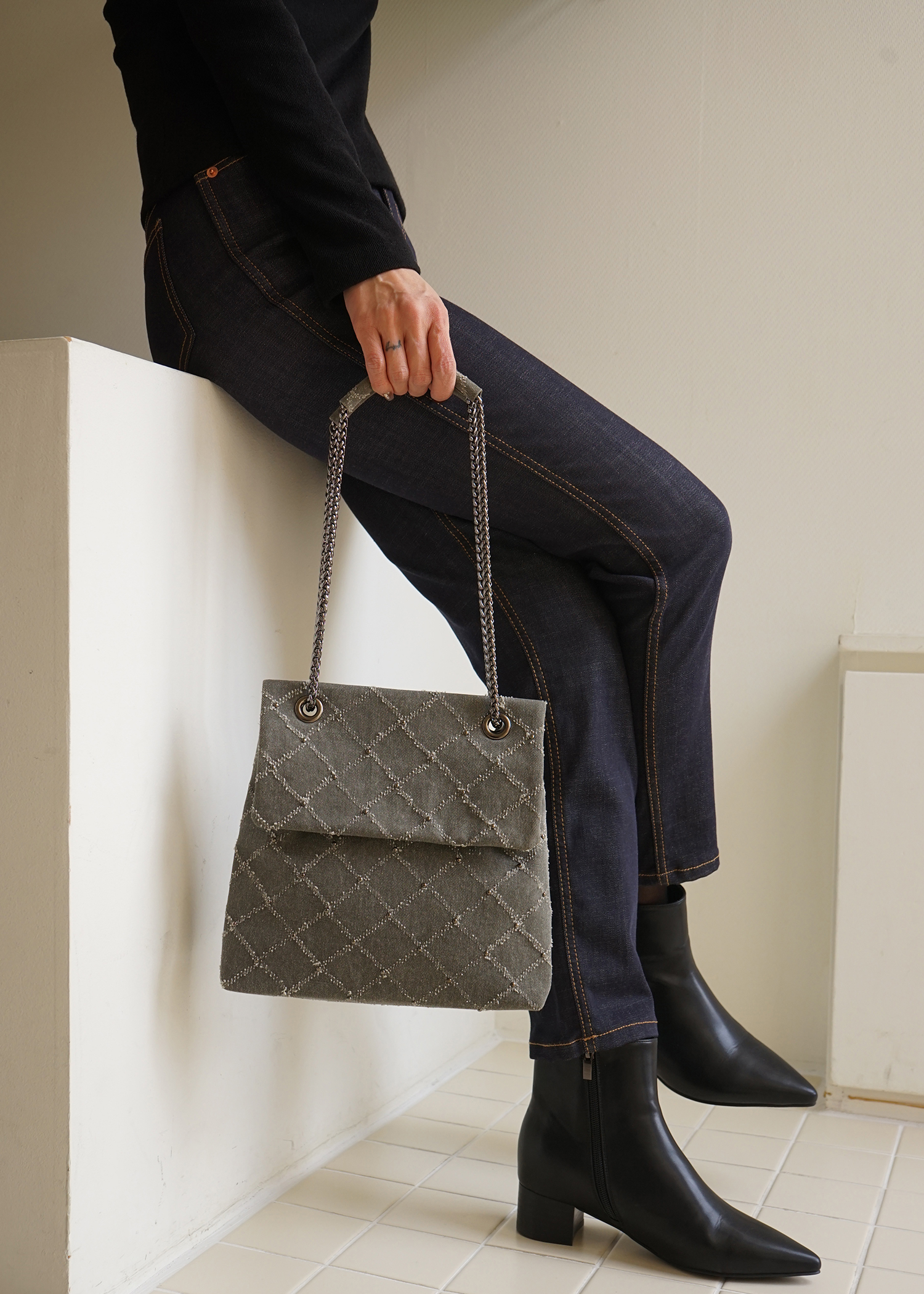 Kwani Lozenge Studded Bag Khakish Denim