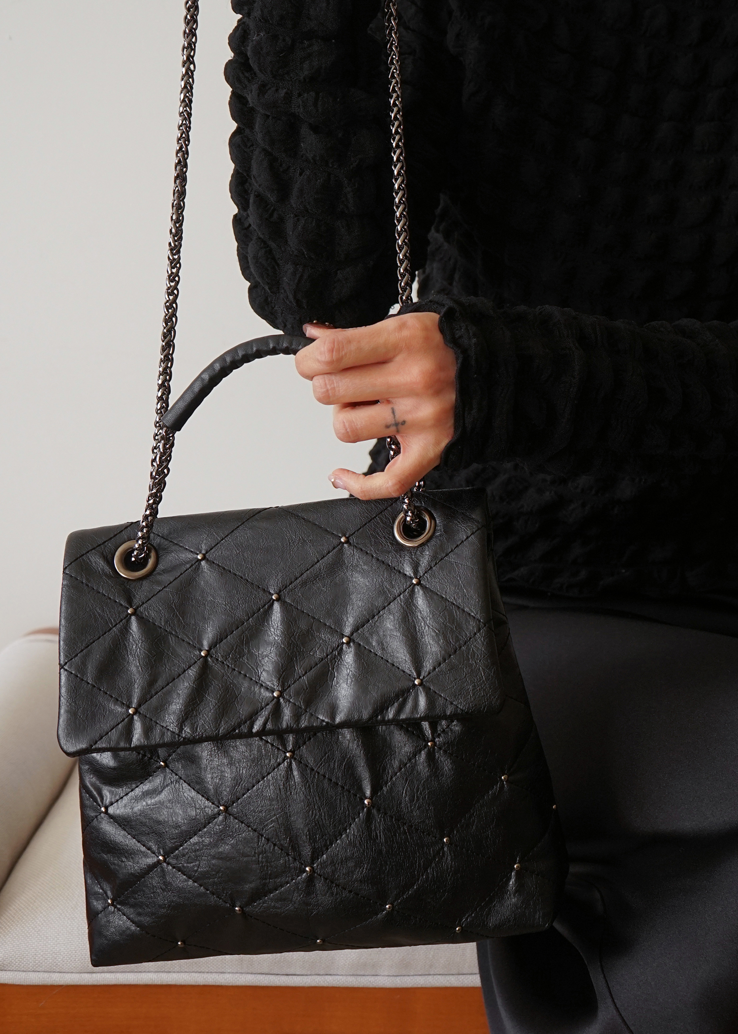 Kwani Lozenge Studded Bag Midnight Black