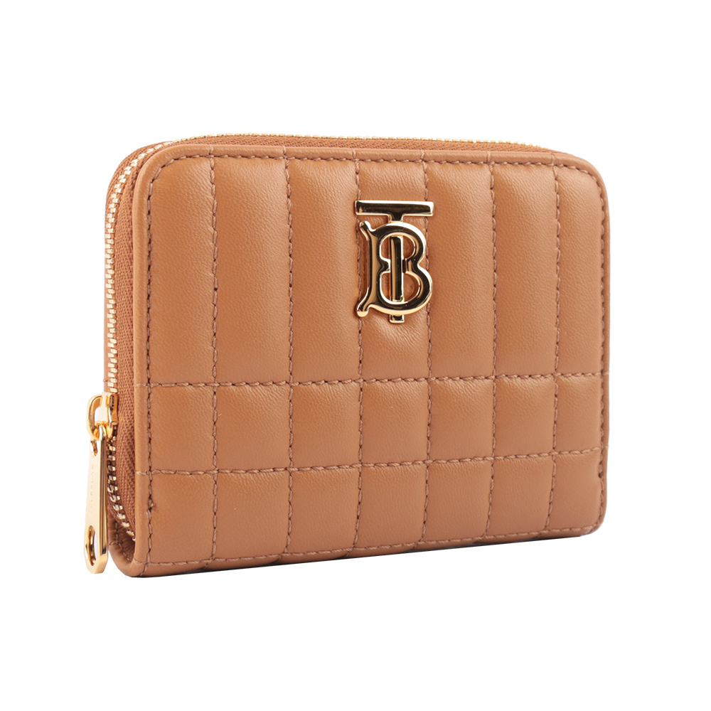 【BURBERRY】Lola 小羊皮縫線設計ㄇ形拉鍊零錢包(楓木棕色)