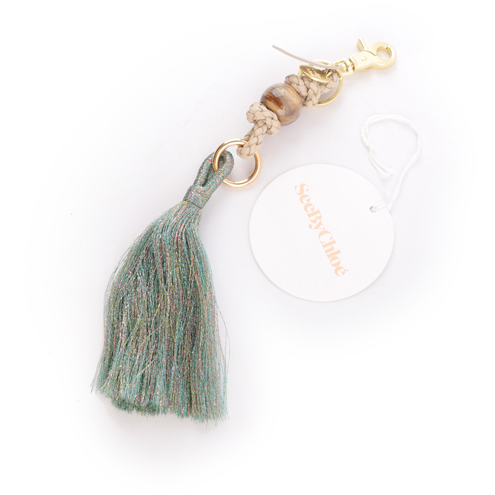 【SEE BY CHLOE】Grigris 編織皮革金蔥流蘇吊飾/鑰匙圈(白色/綠色)