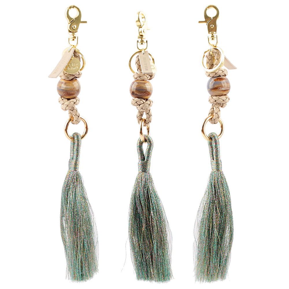 【SEE BY CHLOE】Grigris 編織皮革金蔥流蘇吊飾/鑰匙圈(白色/綠色)