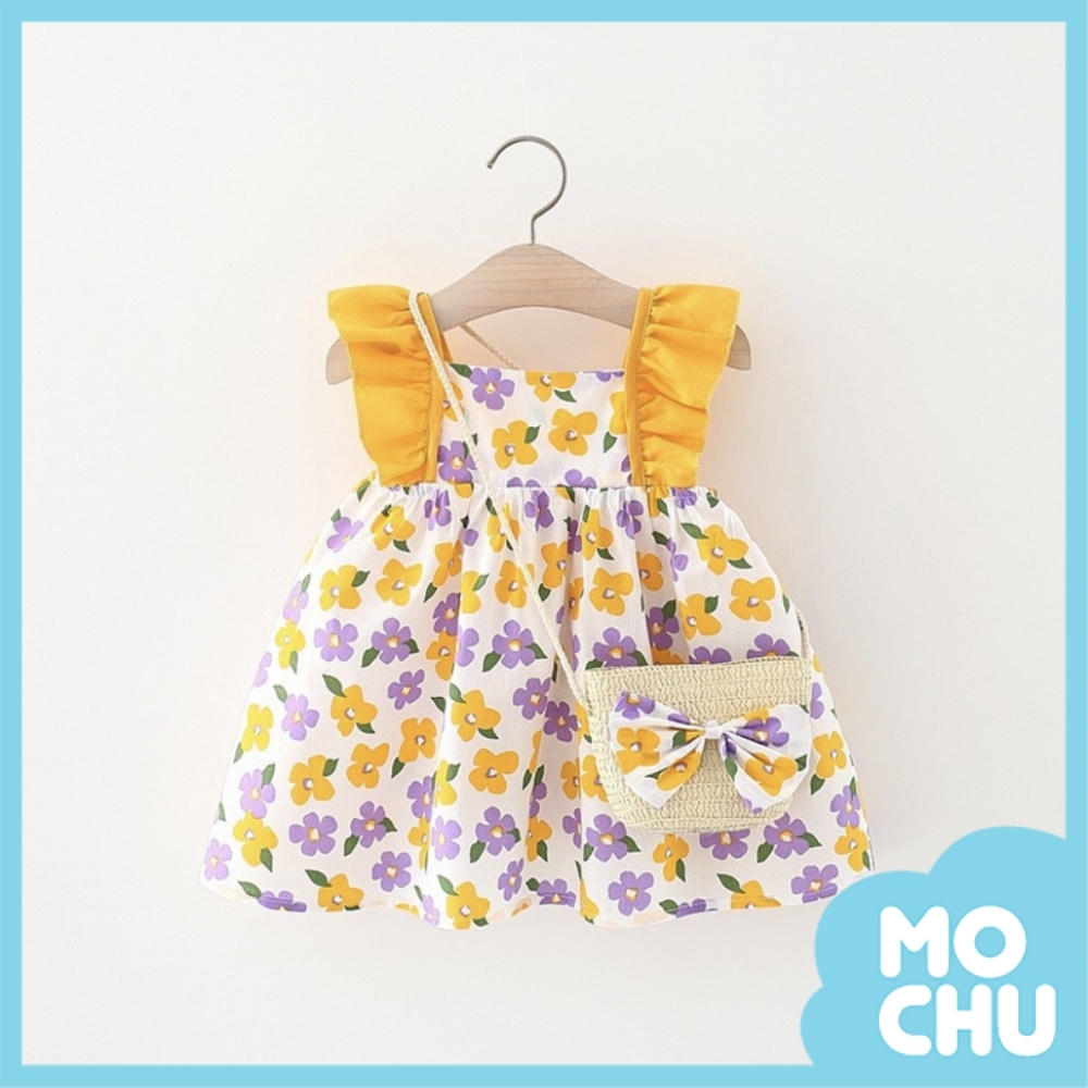 雙色花朵飛袖洋裝＋斜包(兩色)