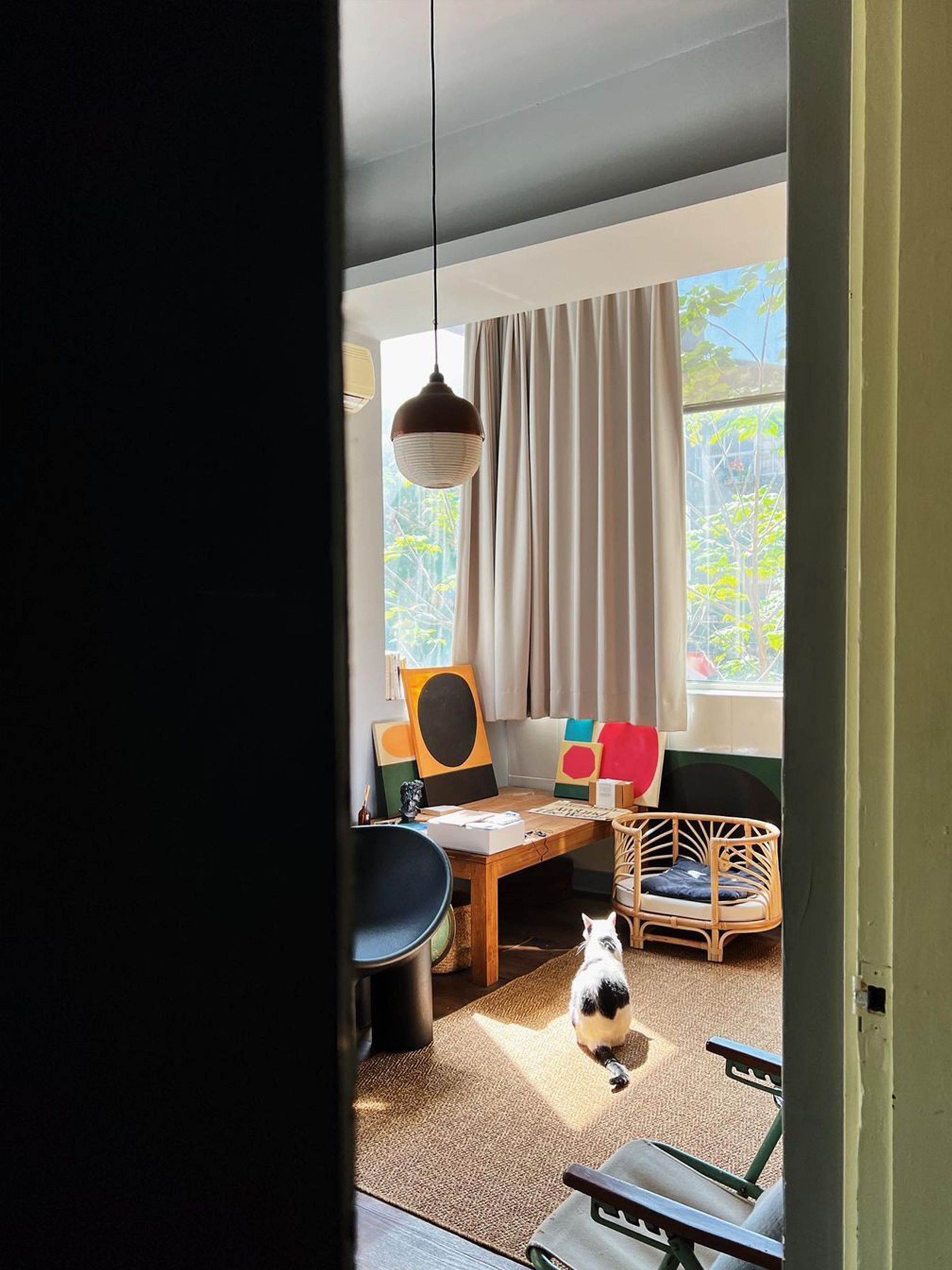 北歐風格的空間裡，一盞紅銅色的吊燈，地上坐著一隻貓。